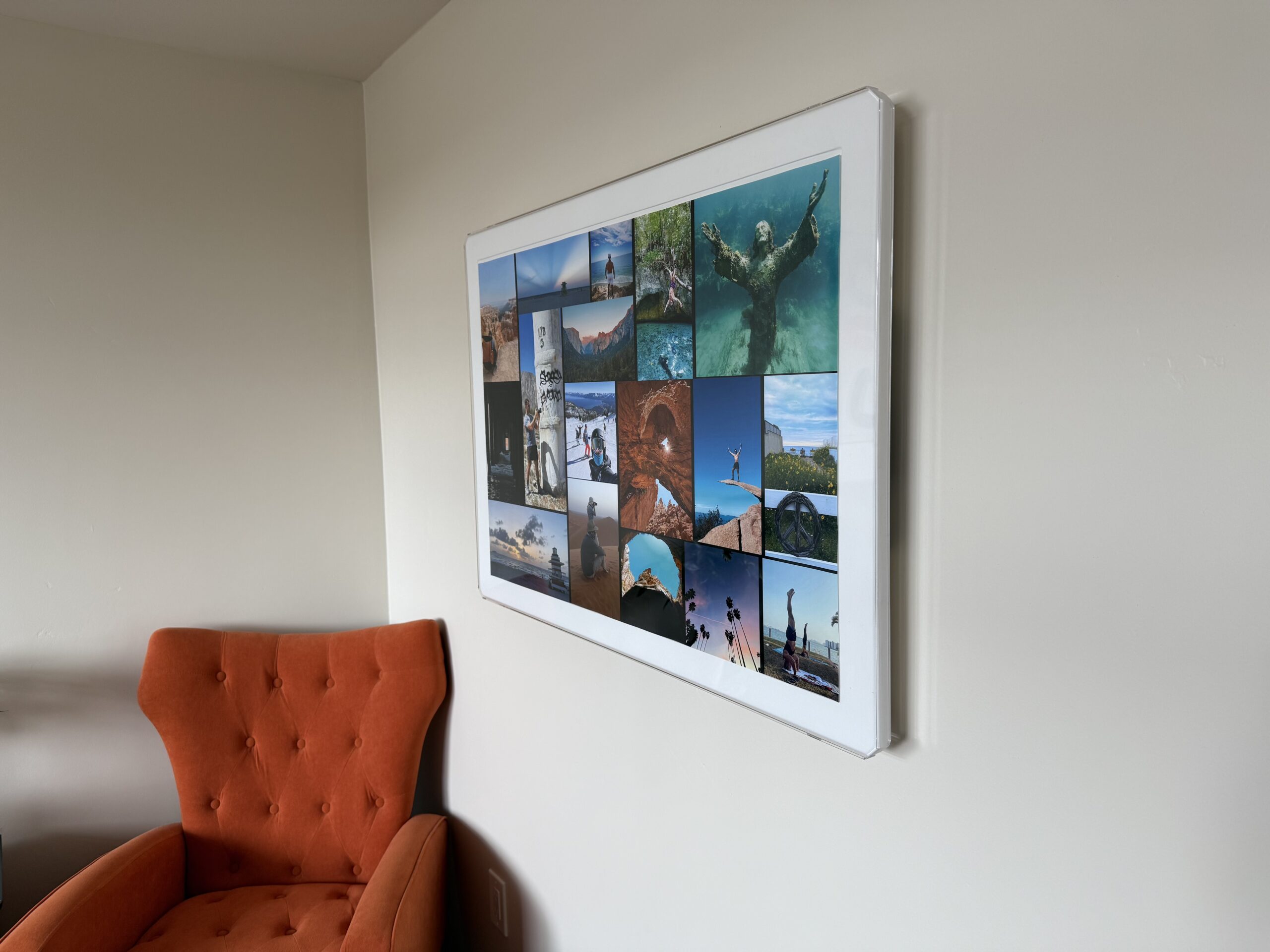 Assembled table in a warm home setting with a custom photo panel
