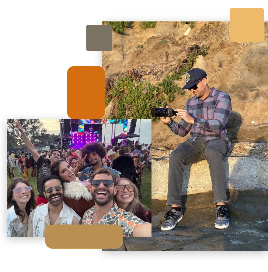Guests at a birthday celebration around a table with custom photo collage top