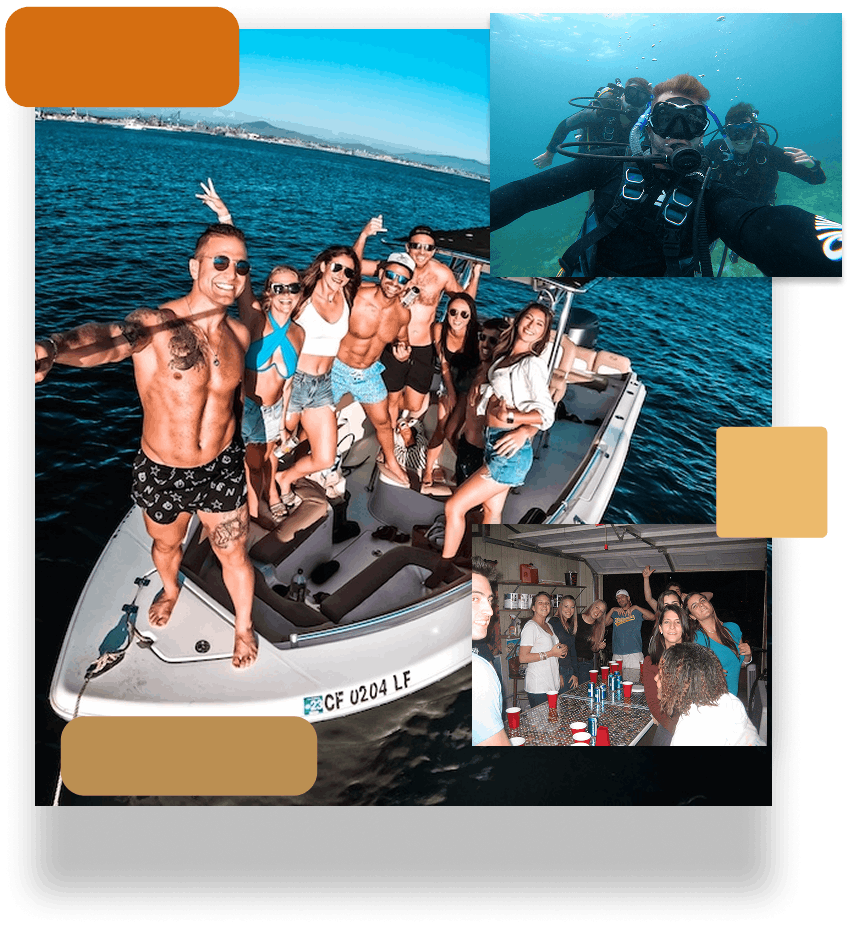 Group of friends enjoying a party with a photo table as the centerpiece