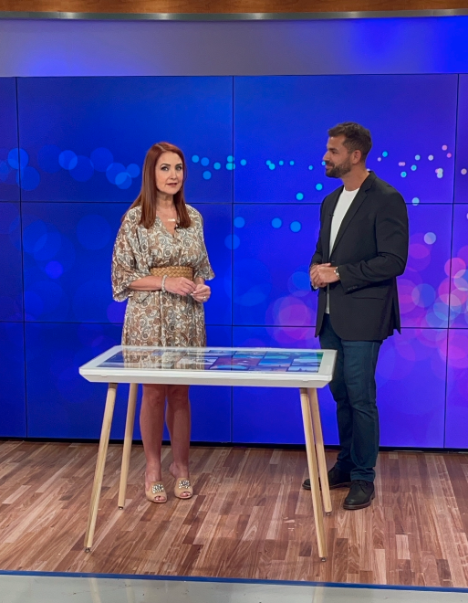 Frame to Table founder presenting the product on NBC 6 South Florida studio set